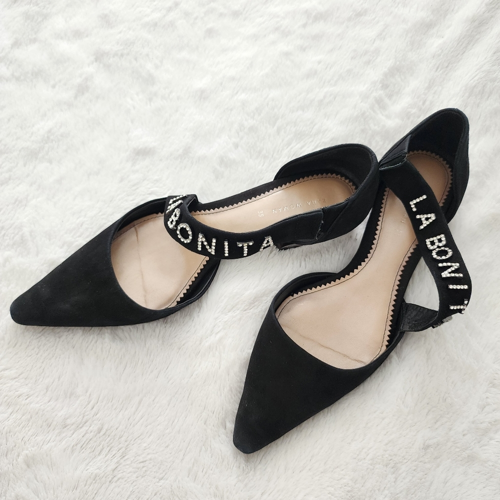 Zara black suede pointed toes flat dress shoes rhinestone La Bonita Size 35